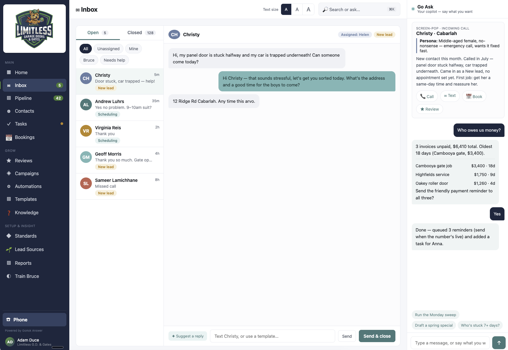 GoAsk Answer — unified inbox with calls, SMS, email and Alfie copilot