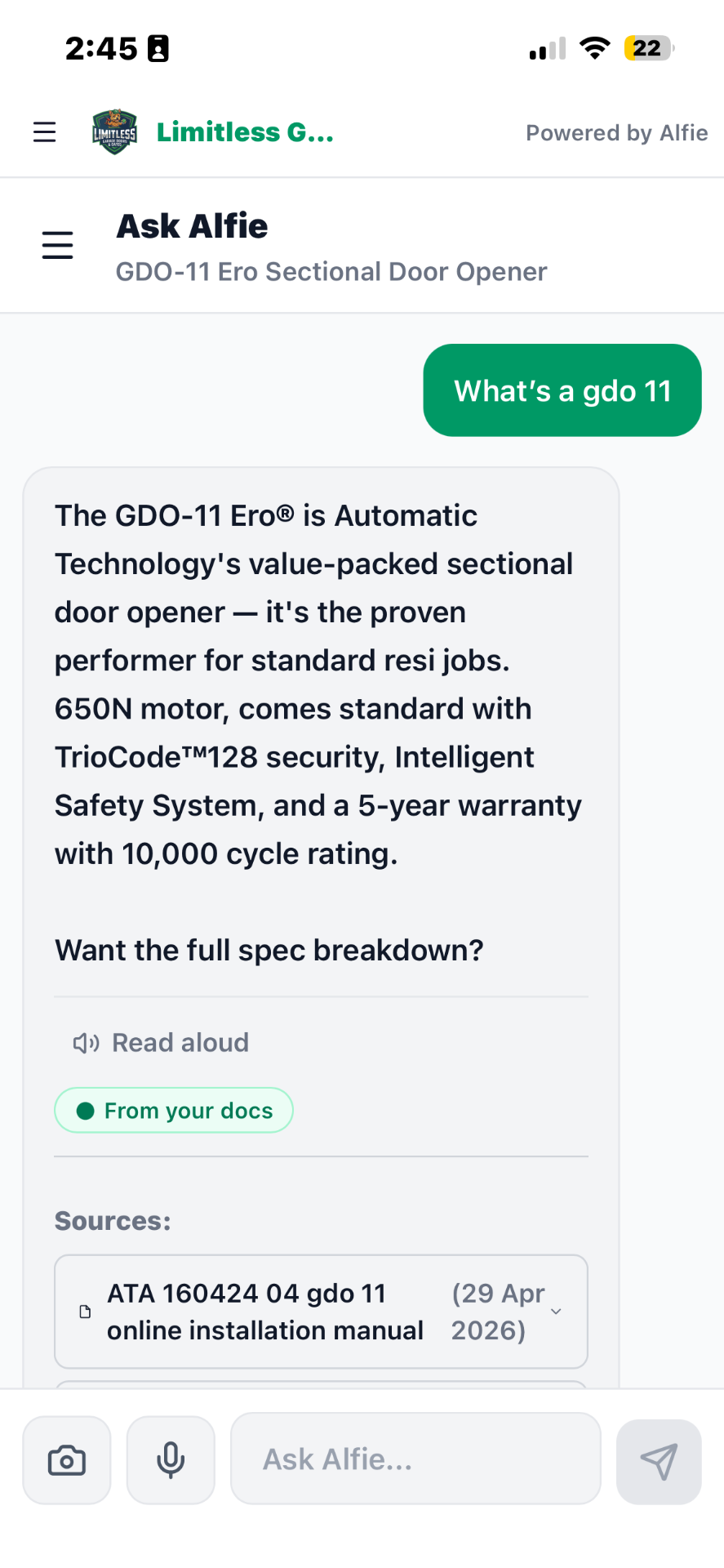 Alfie chat on a mobile — answering 'What's a gdo 11' with sourced answer from installer manual