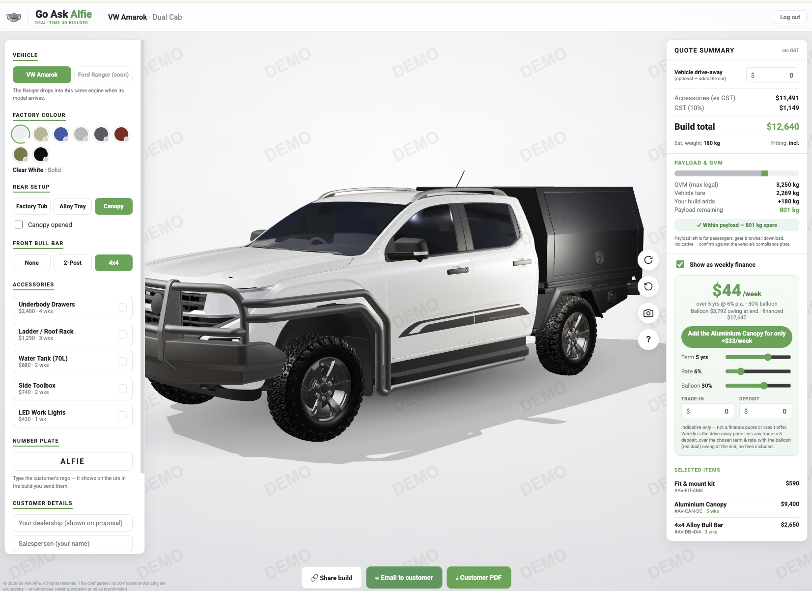GoAsk 3D Configurator live 3D Configurator — Volkswagen Amarok Dual Cab with canopy, colour swatches, quote summary and finance card